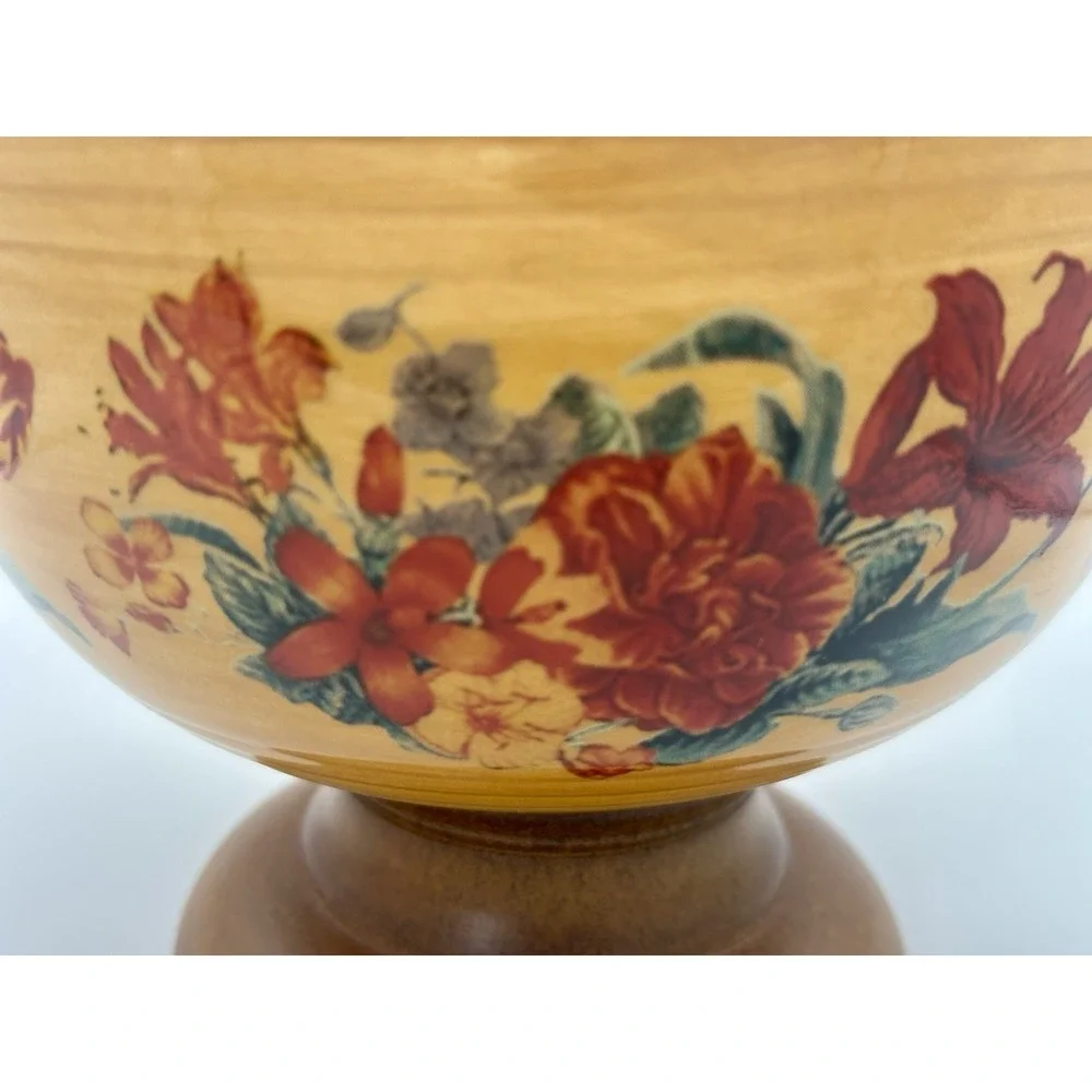FTD Vintage Floral Ceramic Bowl With Wood‎ Pedestal Yellow & Red Retro 1970's